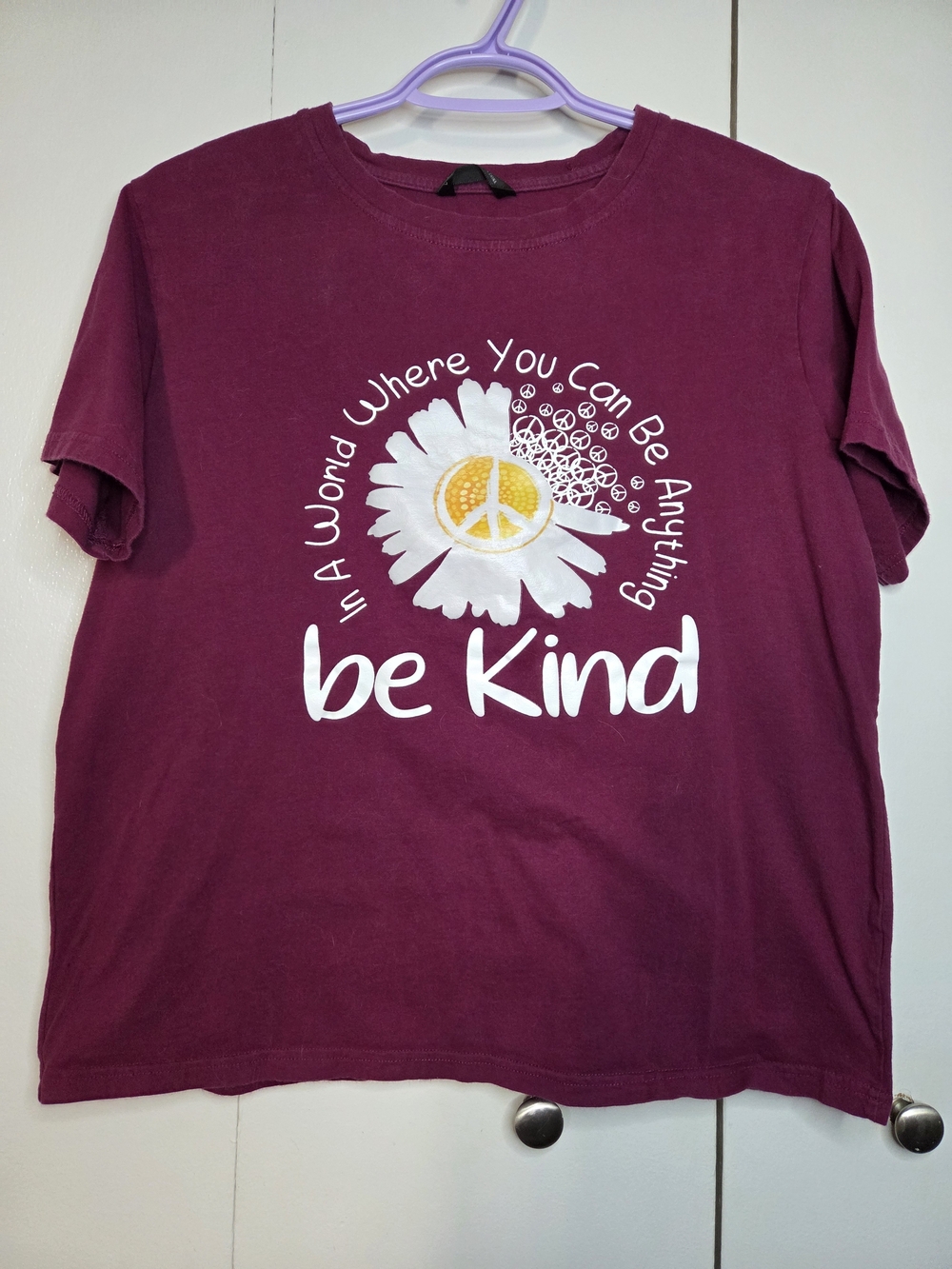 Lilicloth Women's L Burgundy "Be Kind" Short Sleeve Graphic Daisy Peace Tee